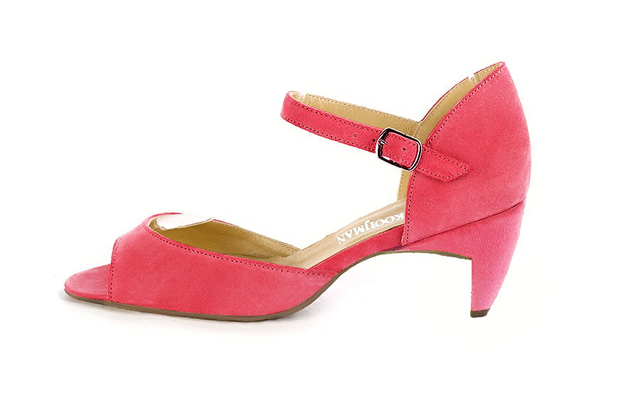 Carnation pink women's closed back sandals, with an instep strap. Square toe. Medium comma heels. Profile view - Florence KOOIJMAN